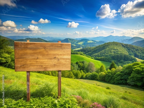 Panoramic View of a Blank Wooden Sign Board Illustration Set Against a Scenic Landscape, Ideal for Directional or Informational Signage in Nature and Outdoor Themes photo