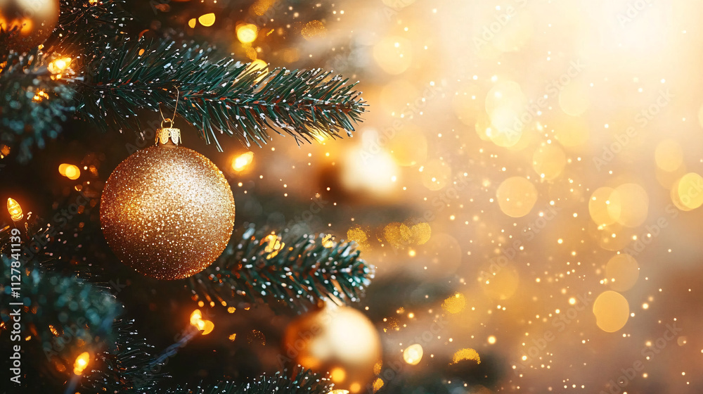 A beautifully decorated Christmas tree with golden ornaments and fairy lights, perfect for holiday greetings, festive marketing, and seasonal decor inspiration. A beautifully decorated Christmas tree with golden ornaments and fairy lights, perfect for holiday greetings, festive marketing, and seasonal decor inspiration.