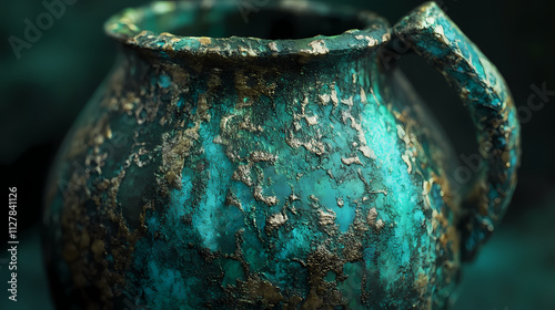 Ancient verdigris coating wears a crusty patina, revealing hints of teal green beneath, like aged bronze corroded by time and the elements. Verdigris. Illustration photo