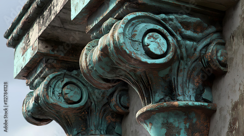 Ancient verdigris coating wears a crusty patina, revealing hints of teal green beneath, like aged bronze corroded by time and the elements. Verdigris. Illustration photo