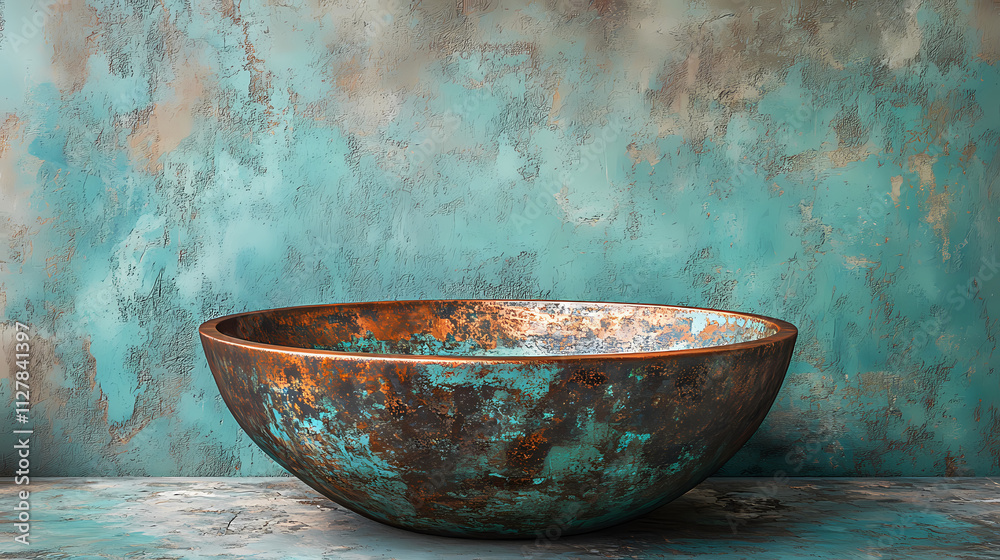 Antique copper basin with weathered patina and verdigris texture. Verdigris. Illustration Antique copper basin with weathered patina and verdigris texture. Verdigris. Illustration