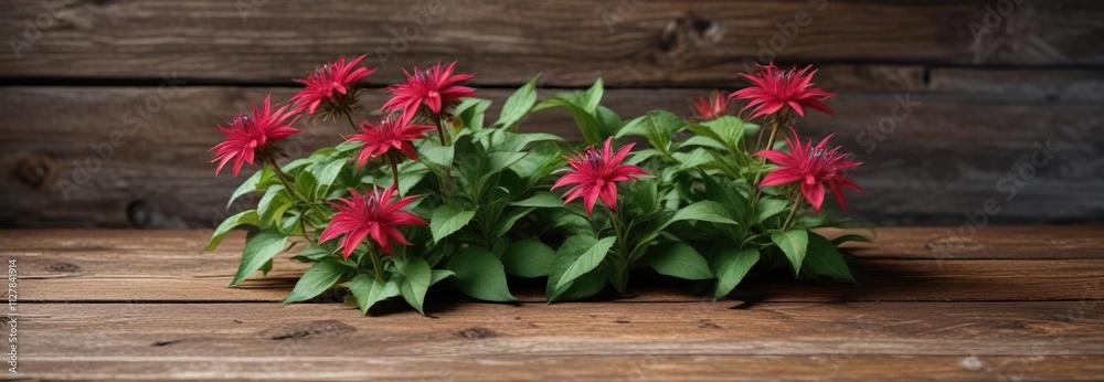 Isolated Beebalm plant with green leaves on a rustic wooden surface, botanical, plant, wood Isolated Beebalm plant with green leaves on a rustic wooden surface, botanical, plant, wood