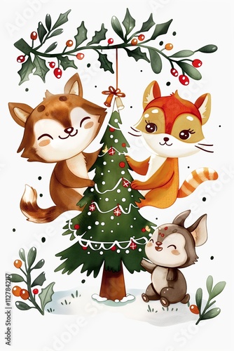 Woodland Critters Christmas Illustration of Cute Forest Animals Decorating Tree on White Background	