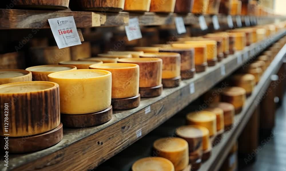 A display of round cheese wheels on wooden shelves. A display of round cheese wheels on wooden shelves.
