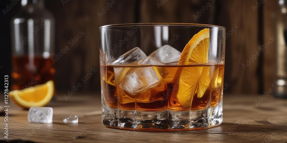 Low-angle shot of a whiskey glass filled to the brim with ice and a twist of orange, on a rustic wooden surface, full, natural light Low-angle shot of a whiskey glass filled to the brim with ice and a twist of orange, on a rustic wooden surface, full, natural light