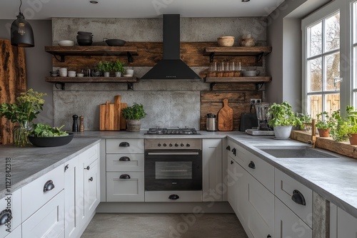 Modern farmhouse kitchen with white cabinets, concrete countertops, wooden shelves, and a black range hood. photo