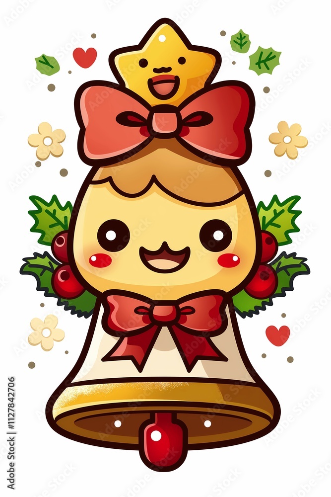 Kawaii Christmas Bells Illustration with Holly Leaves and Berries on White Background Kawaii Christmas Bells Illustration with Holly Leaves and Berries on White Background