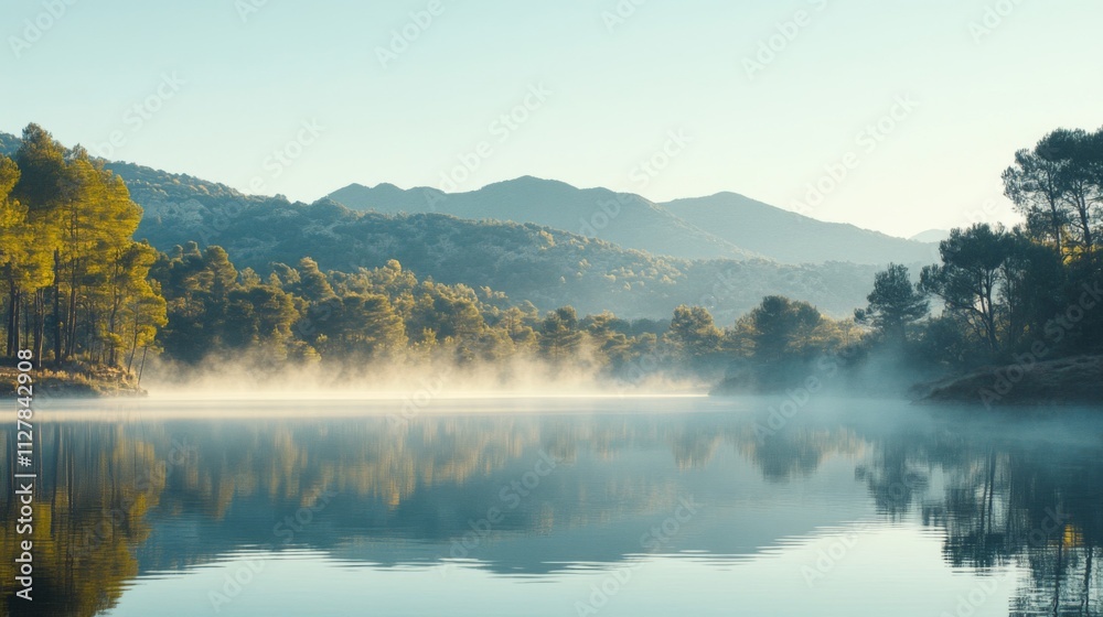 Serene Mountain Lake Mist Morning Landscape Serene Mountain Lake Mist Morning Landscape