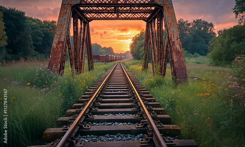 A scenic railway bridge at sunset, surrounded by lush greenery.