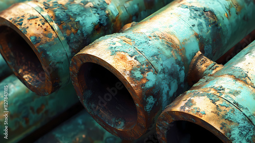 Corroded copper pipes with verdigris patina. Verdigris. Illustration photo