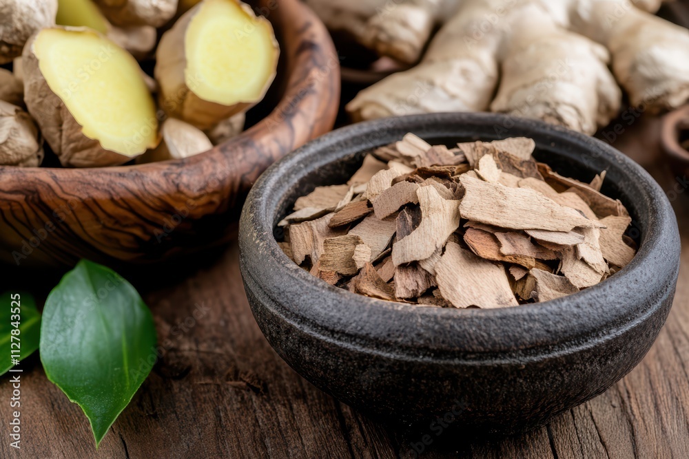 Fresh Ginger Roots and Dry Ginger Slice in Wooden Bowl Arrangement Fresh Ginger Roots and Dry Ginger Slice in Wooden Bowl Arrangement