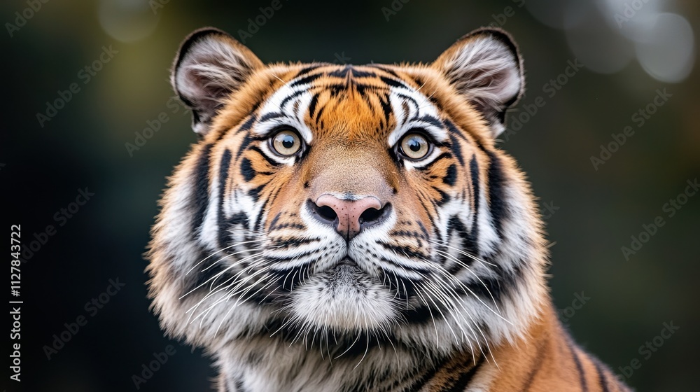 Fototapeta premium The close up head shot showcases the majestic tiger's piercing gaze, showcasing every detail of its powerful yet elegant features against a striking dark background.