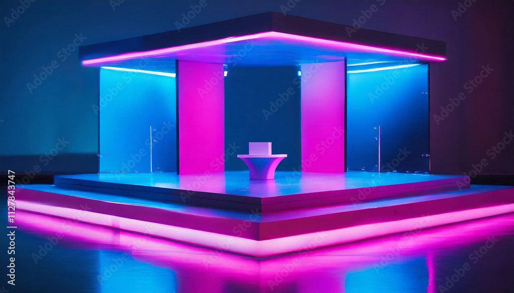  Futuristic abstract of business convention, demonstration booth product in neon color.