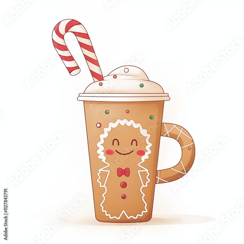 Cute Christmas Coffee Cup with Gingerbread Face and Candy Cane Straw on White Background