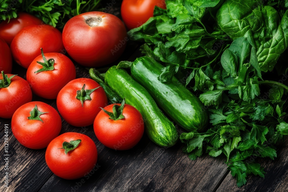 Fresh Organic Vegetables Including Tomatoes, Cucumbers, and Greens