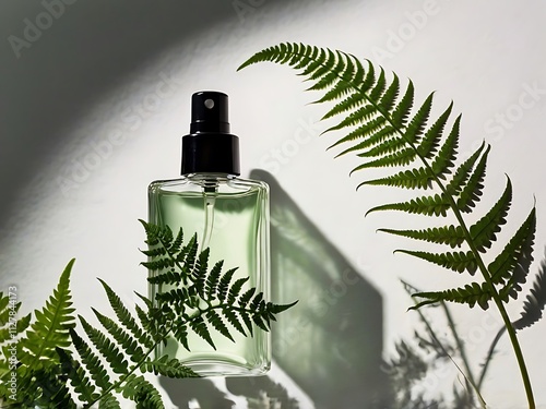 Green fragrance bottle with fern leaves displayed artistically