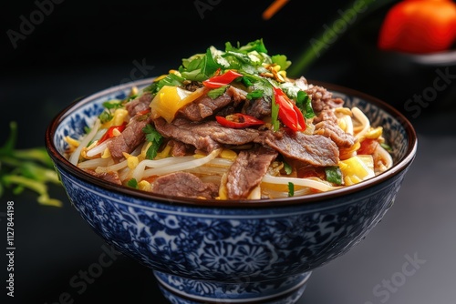 Colorful Beef Noodle Bowl with Fresh Ingredients and Garnishes photo