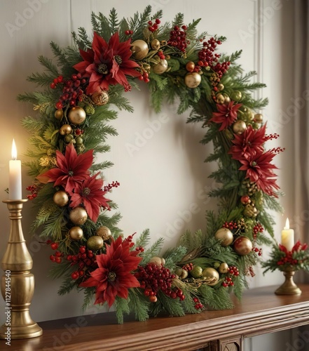 Red and green wreath with gold accents and berry clusters on a wooden mantel, foliage, home decor photo