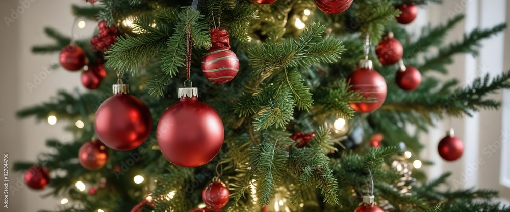 Red and green ornaments on a bare Christmas tree, red, bare tree, green Red and green ornaments on a bare Christmas tree, red, bare tree, green