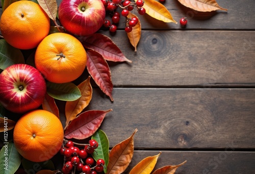 Autumnal fruits, leaves create rustic backdrop. Oranges, apples sit atop dark wooden surface. Colorful leaves, berries surround fruit. Natural harvest theme. Perfect for autumnal design projects food photo