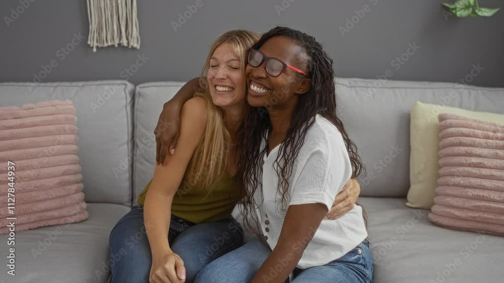 Two women sitting together, smiling, and hugging on a couch in a cozy living room setting, showcasing their friendship and joy in a home environment Two women sitting together, smiling, and hugging on a couch in a cozy living room setting, showcasing their friendship and joy in a home environment