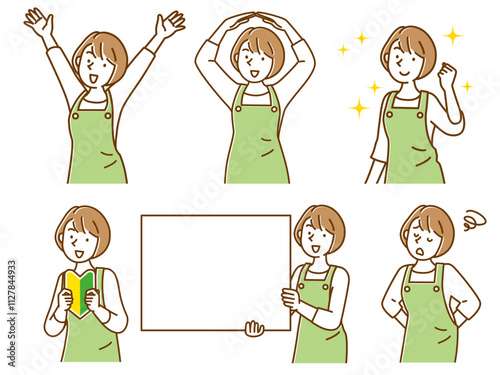エプロンを付けて働く女性のイラストバリエーション