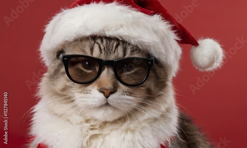 portrait of a cat wearing a santa claus hat, kitten wearing sunglass
