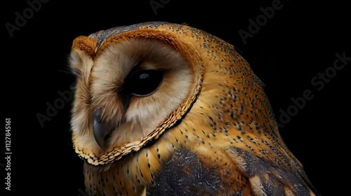 Close-up of a majestic owl with piercing yellow eyes and beautiful feather patterns against a dark background.