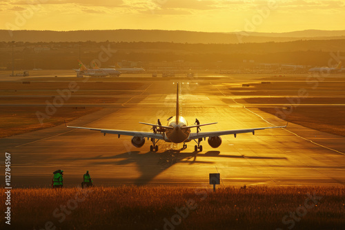 Airplane preparing for takeoff at the runway, crew working around it. Copyspace at the top. Golden hour lighting. Wide airport expanse in the background.