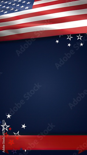 Patriotic American vertical background graphic image. USA Red, white, blue accents. Stars and waving flag. Backdrop ready for your Inauguration, Presidents, Veterans, Memorial, July 4th project