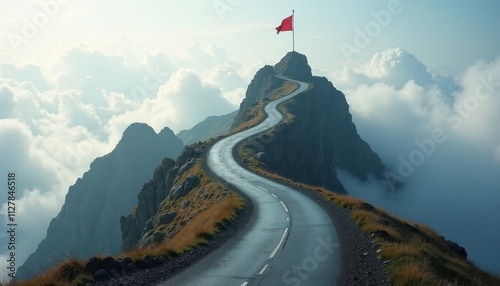 Winding road ascends mountain peak. Red flag atop mountain summit. Clouds surround mountain ridge. Scenic road trip concept. Inspiring image for motivational themes. photo