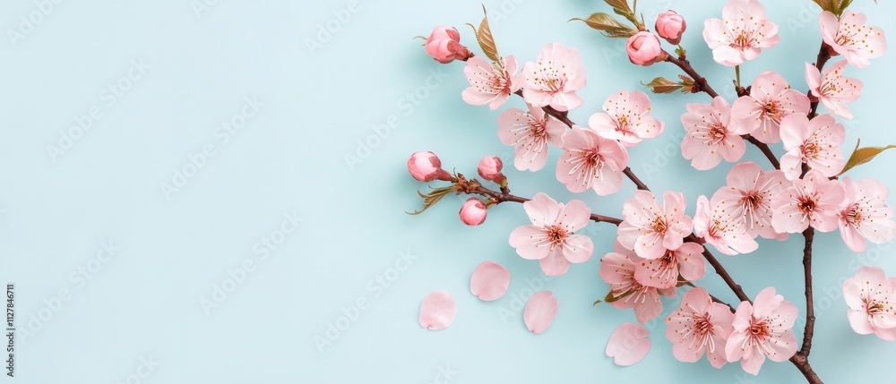 Delicate Pink Cherry Blossom Branch on Blue Background Delicate Pink Cherry Blossom Branch on Blue Background