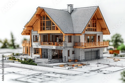 The three-dimensional image of a modern wooden house on a background of drawings. Objects isolated on white background.
