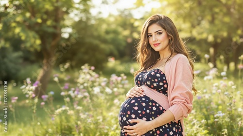 Expectant mother posing in flower meadow 