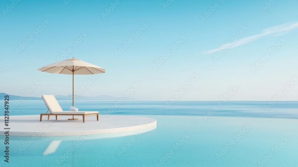 Fototapeta premium Minimalist or Aesthetic Pools Circular pool with a single lounge chair and umbrella, creating a serene and minimalist aesthetic.