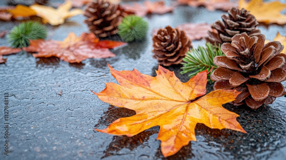 The wet fall foliage on the ground is a mixture of rich tones of red, orange, and yellow leaves, with vibrant green pinecones scattered throughout. The wet fall foliage on the ground is a mixture of rich tones of red, orange, and yellow leaves, with vibrant green pinecones scattered throughout.