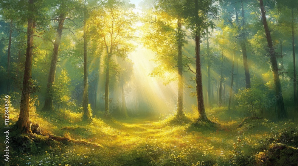 Fototapeta premium Sunlit Forest Path Morning Light Illuminates Trees And Flowers