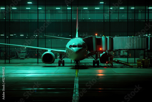 Airplane parked at the gate, connected to a jet bridge with passengers boarding. Copyspace on the right. Cool, diffused lighting. Airport terminal windows in the background.
