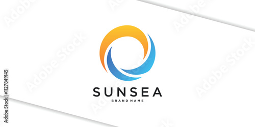 Abstract circular sun and sea waves logo design. Premium Vector