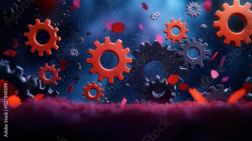 Gears or Cogs Interlocking 3D rendering of gears rotating together, representing the interconnectedness and synchronization of different parts working towards a common goal. photo