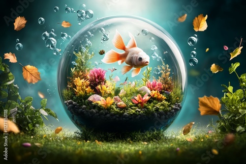 Vibrant Glass Sphere Underwater Scene with Aquatic Plants Fish and Autumn Leaves photo