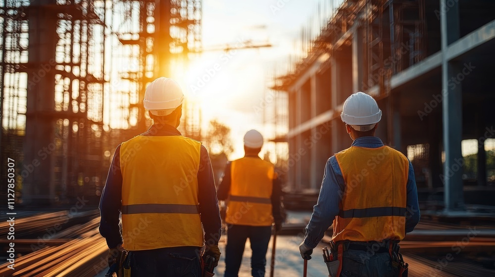 Construction Workers at a Concrete Site During Sunset