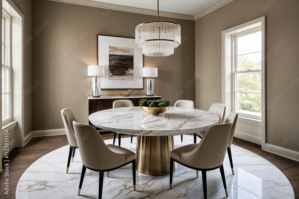 Fototapeta premium Stylish Marble Round Dining Table Surrounded by Elegant Chairs in Modern Room with Soft Taupe Walls