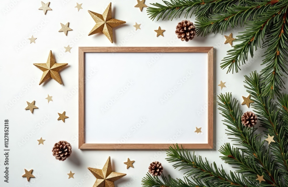 Fototapeta premium Blank wooden frame surrounded by Christmas decorations. Gold stars and pine cones on white background. Festive holiday photo opportunity. Ideal for holiday cards, invitations, or posters.