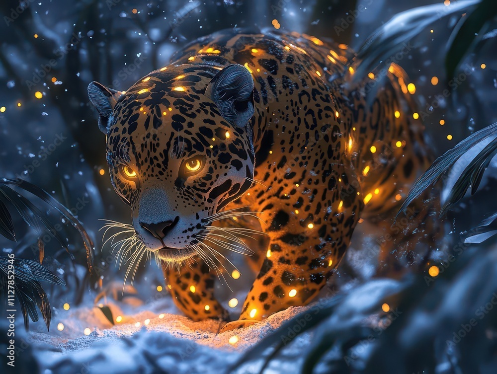 Santa jaguar with glowing festive spots, prowling through a snowy jungle, blending wild and holiday themes creatively. Santa jaguar with glowing festive spots, prowling through a snowy jungle, blending wild and holiday themes creatively.