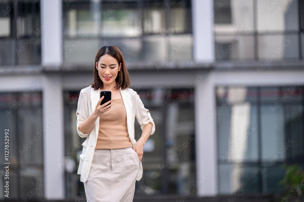 A woman is walking down the street while looking at her cell phone A woman is walking down the street while looking at her cell phone