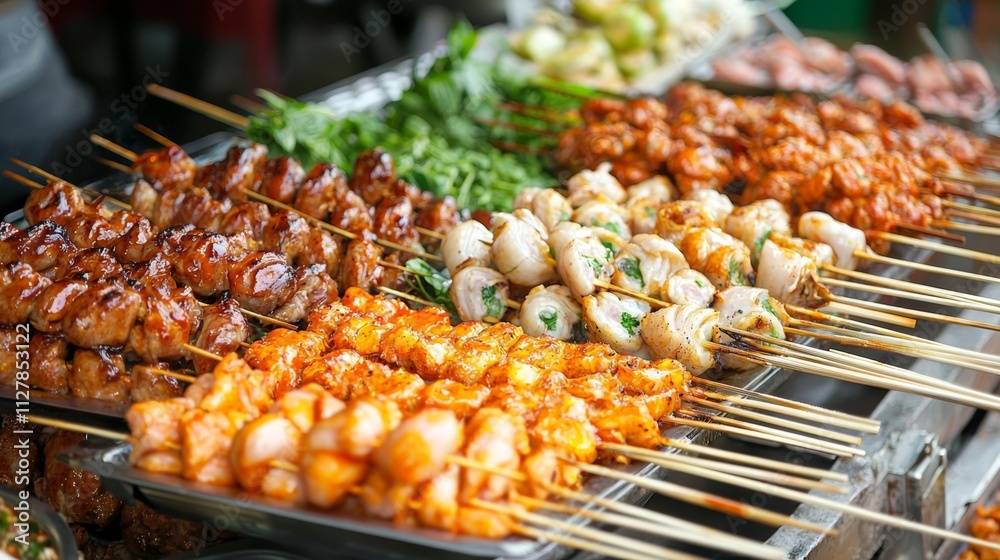 Vibrant Street Food Market with Grilled Skewers in Bangkok Vibrant Street Food Market with Grilled Skewers in Bangkok