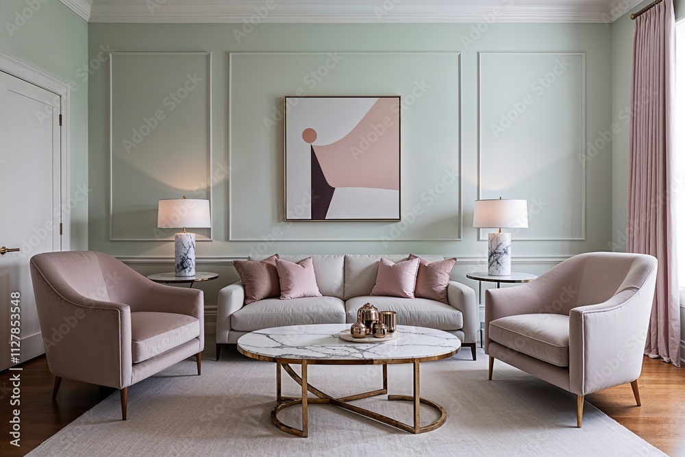 Fototapeta premium Sophisticated Minimalist Living Room Featuring Marble Coffee Table Plush Armchair and Soft Pastel Wall Decor
