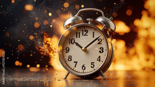 The clock's hands ticked frantically as flames danced around it, the once pristine clock face now consumed by the fire, each passing second a reminder of time burning away.