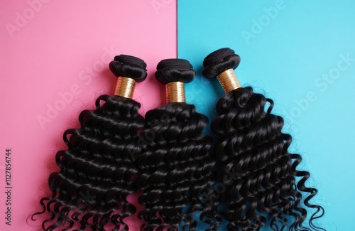 Three bundles of natural curly hair displayed against pink, blue background. Hair bundles popular hair product for styling, extensions. Photo great for hair product retailers, hair salons,